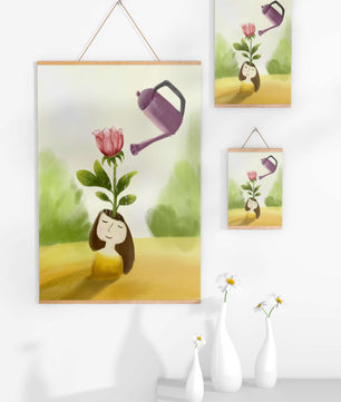 Ilustración de una chica con una flor creciendo de su cabeza siendo regada