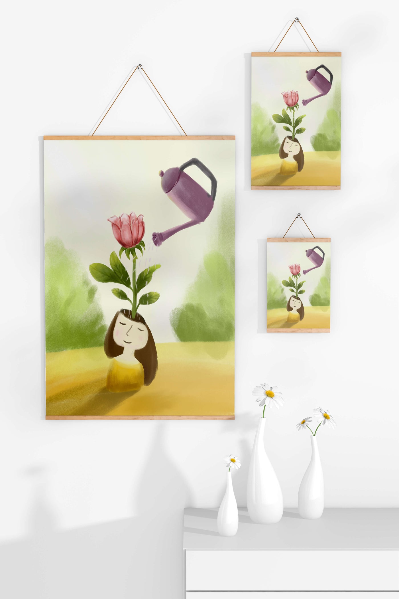 Illustration of a girl with a flower growing from her head being watered