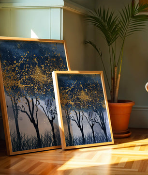 Mystical forest landscape with gold splatter art