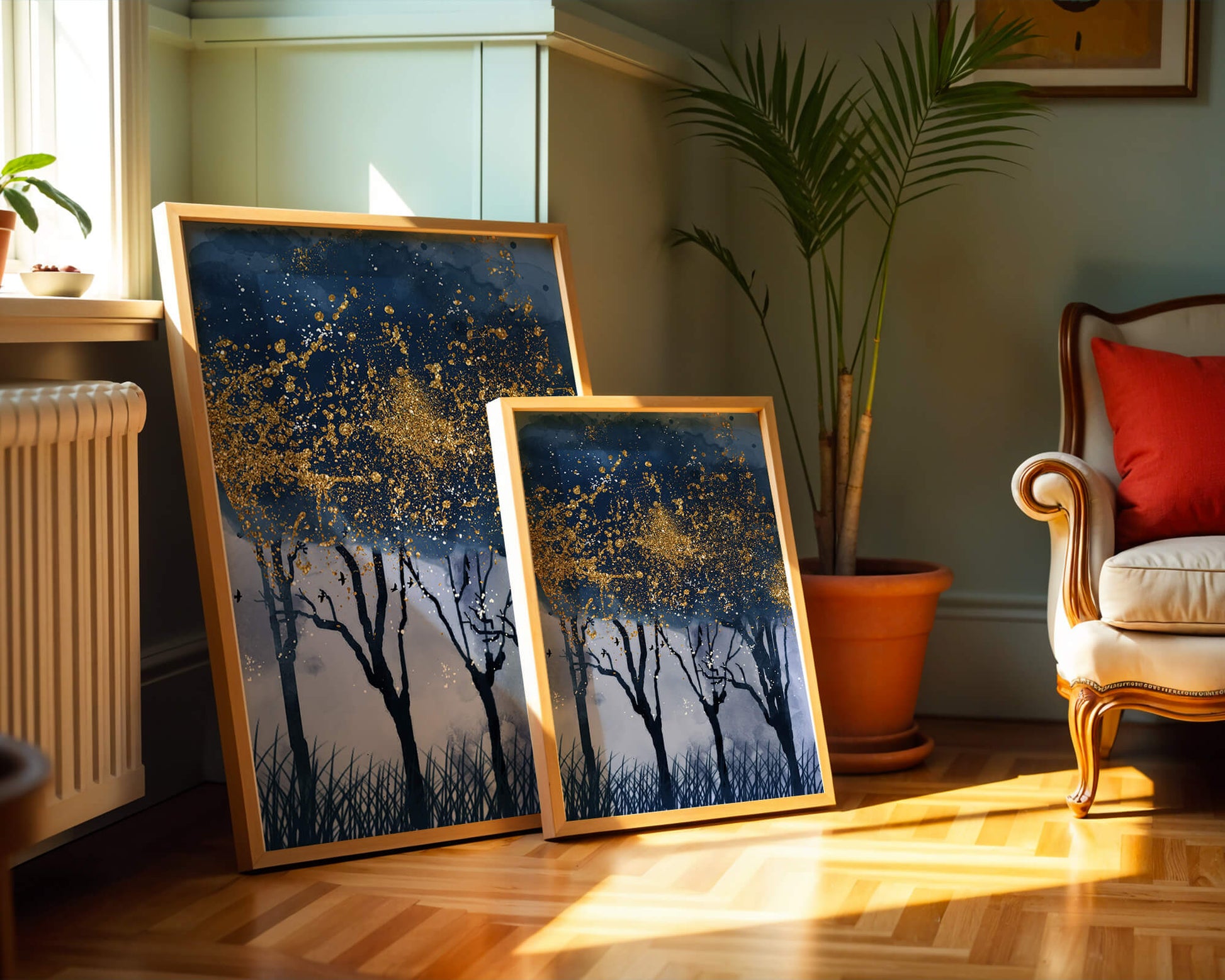 Mystical forest landscape with gold splatter art