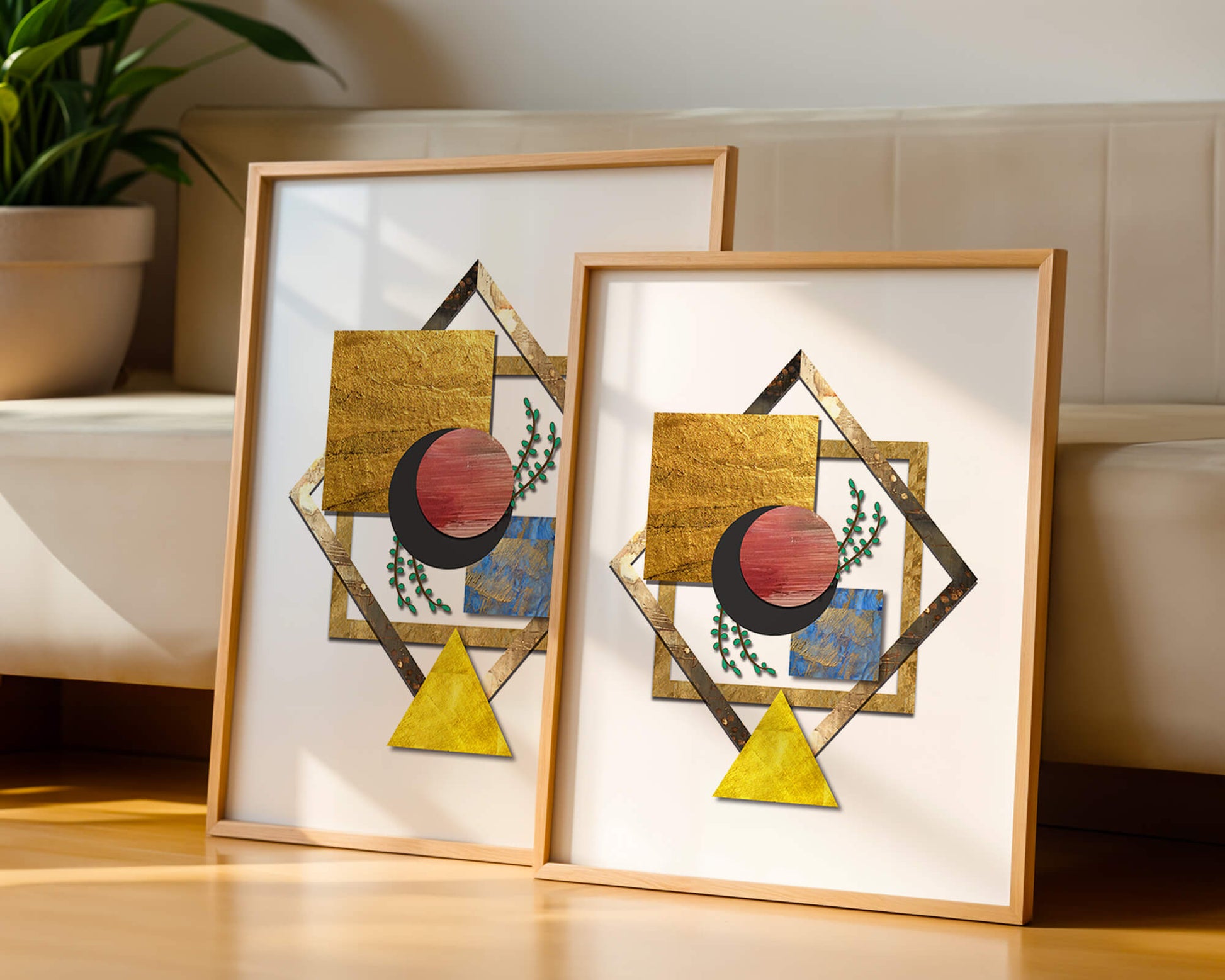 Modern geometric abstract art with vibrant colors and gold accents