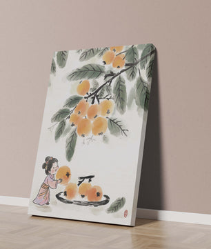 Arte japonés con una niña recogiendo caquis bajo un árbol