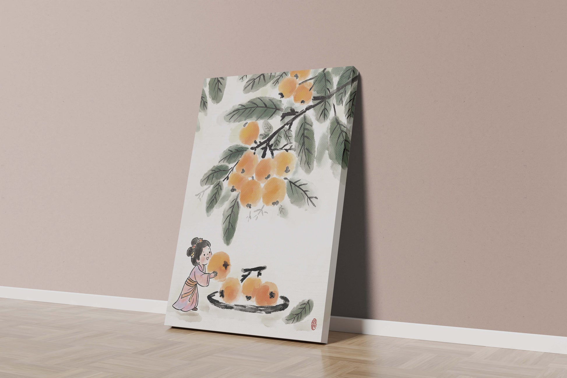 Arte japonés con una niña recogiendo caquis bajo un árbol