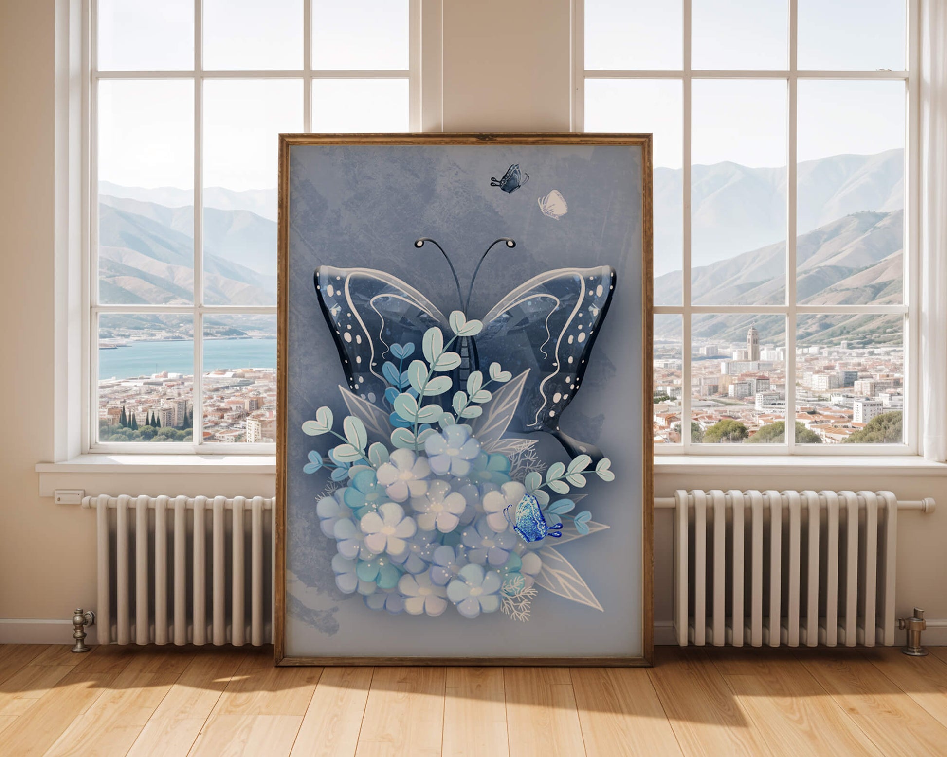 Floral and butterfly digital artwork in calming blue shades