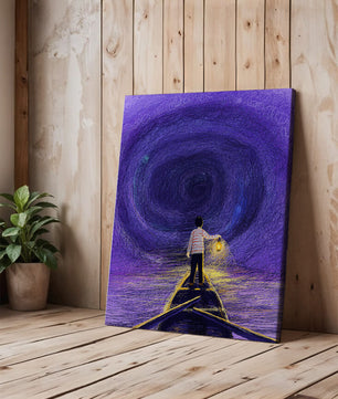 Ein Junge hält eine Laterne auf einem Boot in einem wirbelnden violetten Wirbel