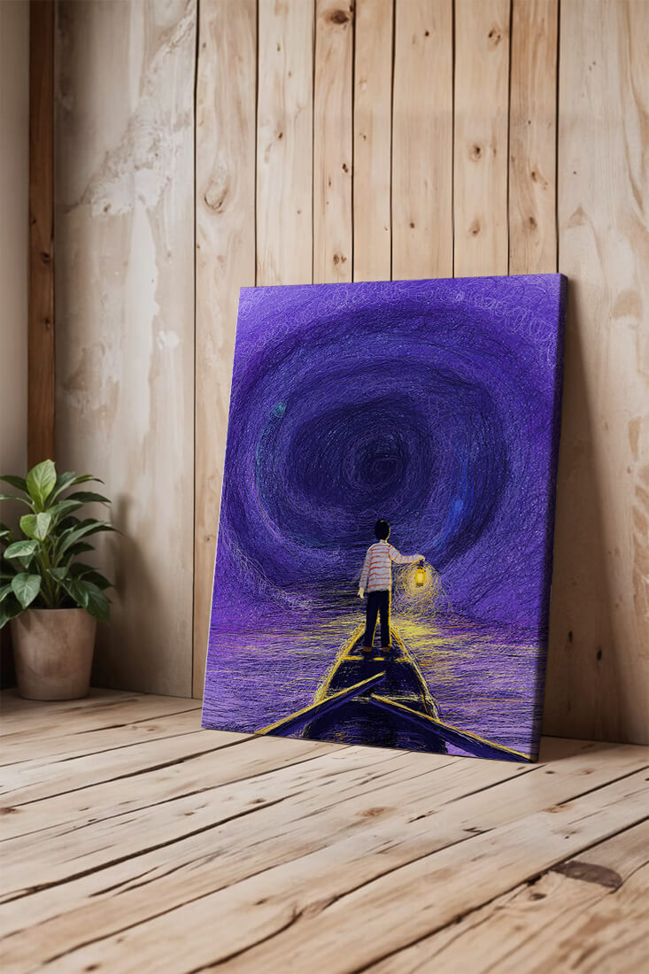 A boy holding a lantern on a boat in a swirling purple vortex