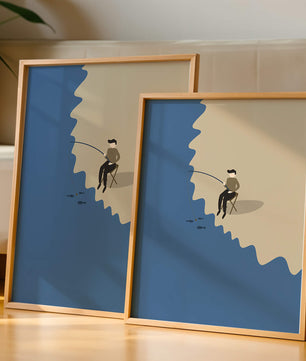 Minimalistic illustration of a person fishing by the sea