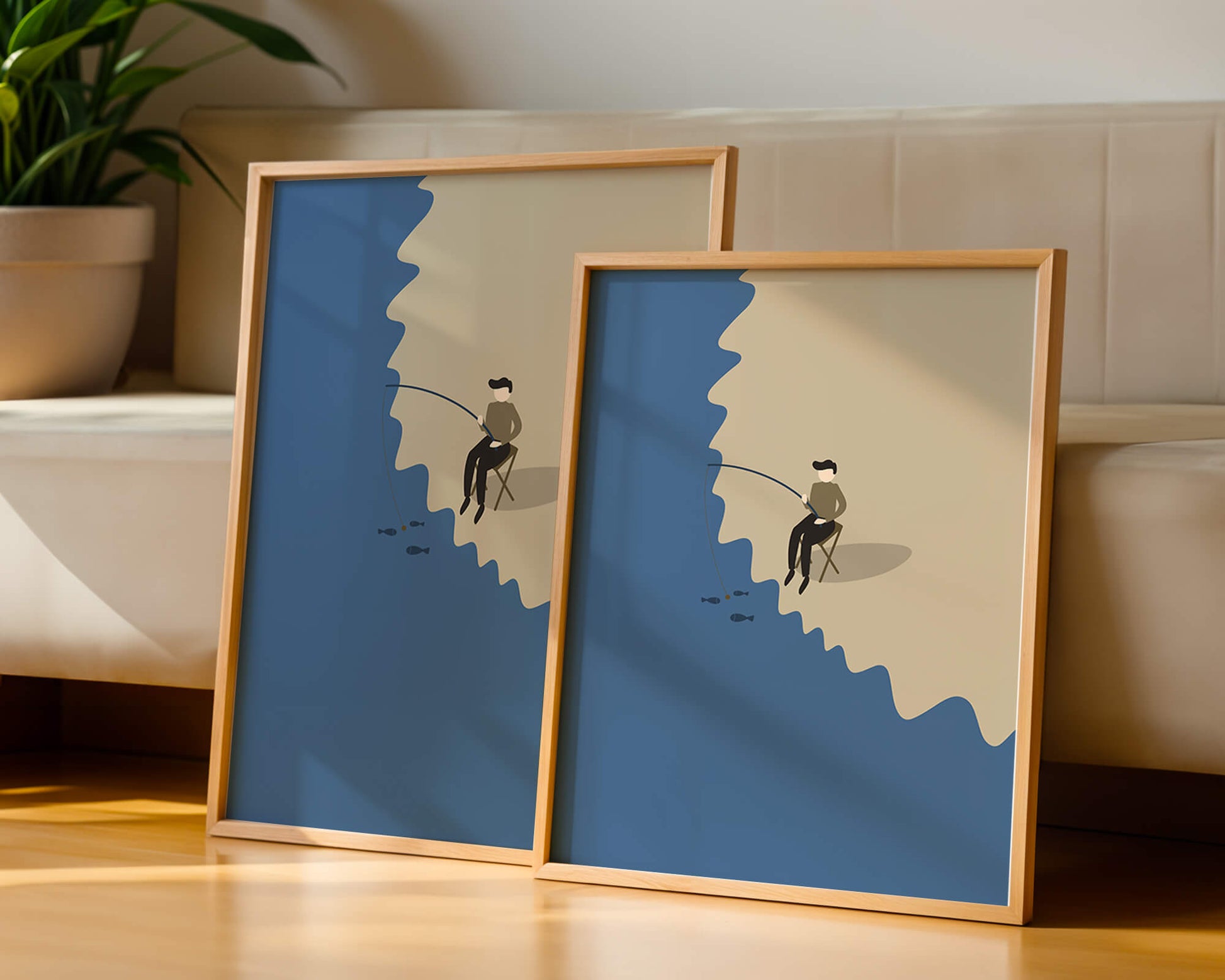 Ilustración minimalista de una persona pescando por el mar