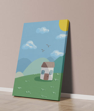 Illustration of a small house on a sunny hillside with clouds in a blue sky