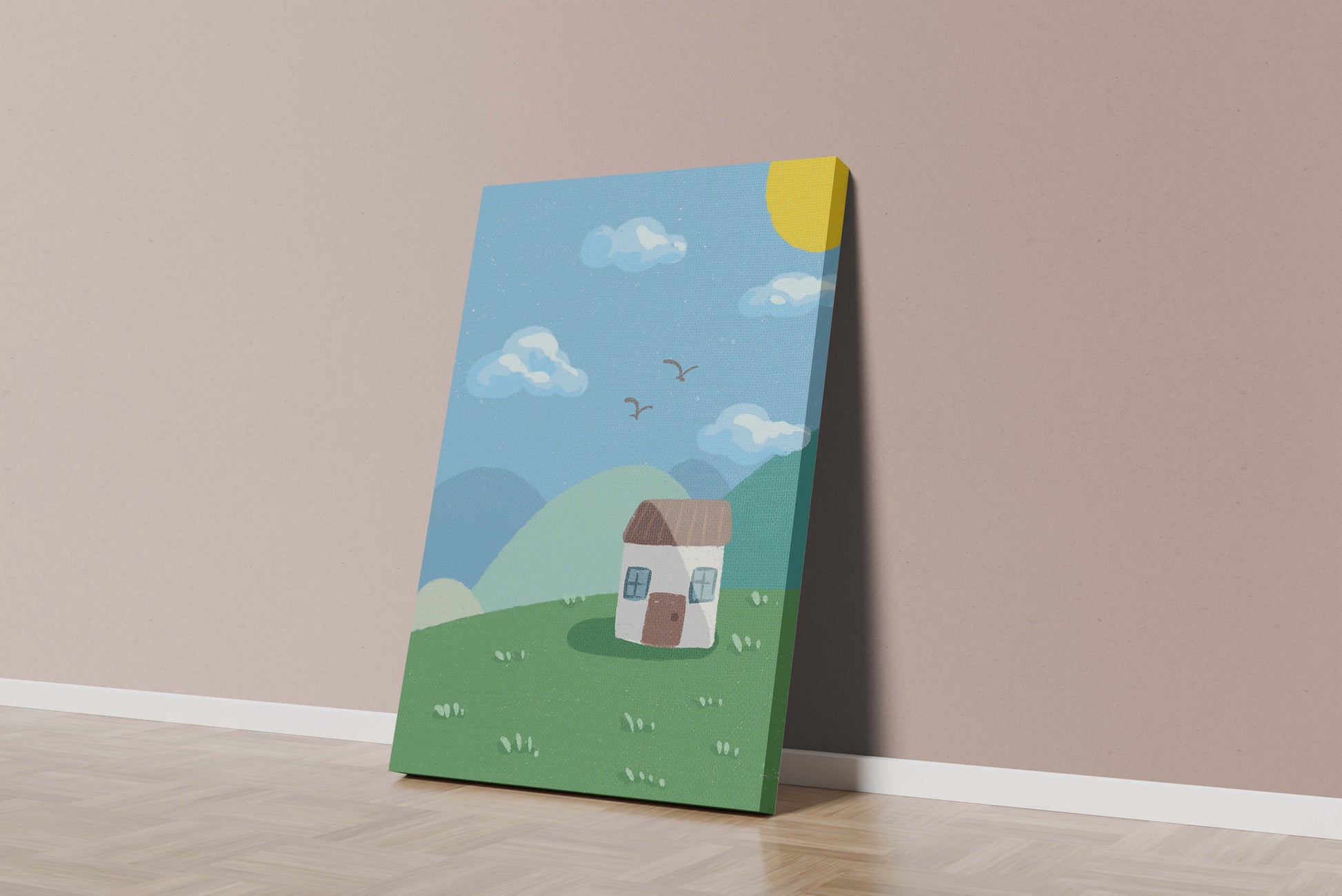 Illustration of a small house on a sunny hillside with clouds in a blue sky