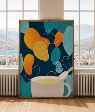Ilustración colorida de mangos y hojas con una bebida cremosa