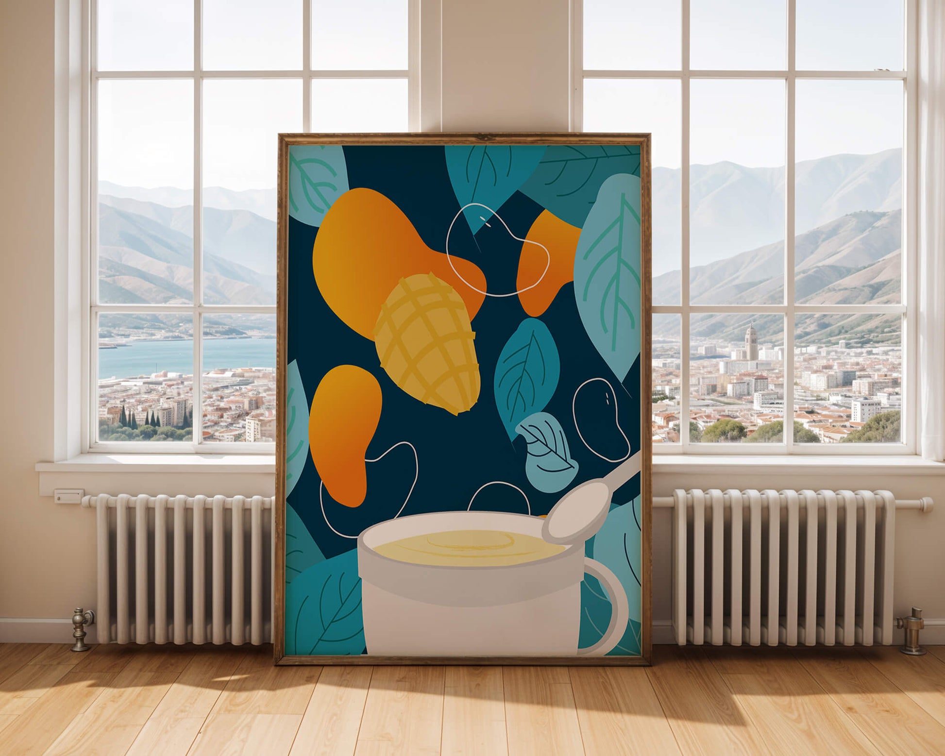 Ilustración colorida de mangos y hojas con una bebida cremosa