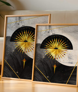 Abstract cosmic design featuring golden sunburst and celestial elements