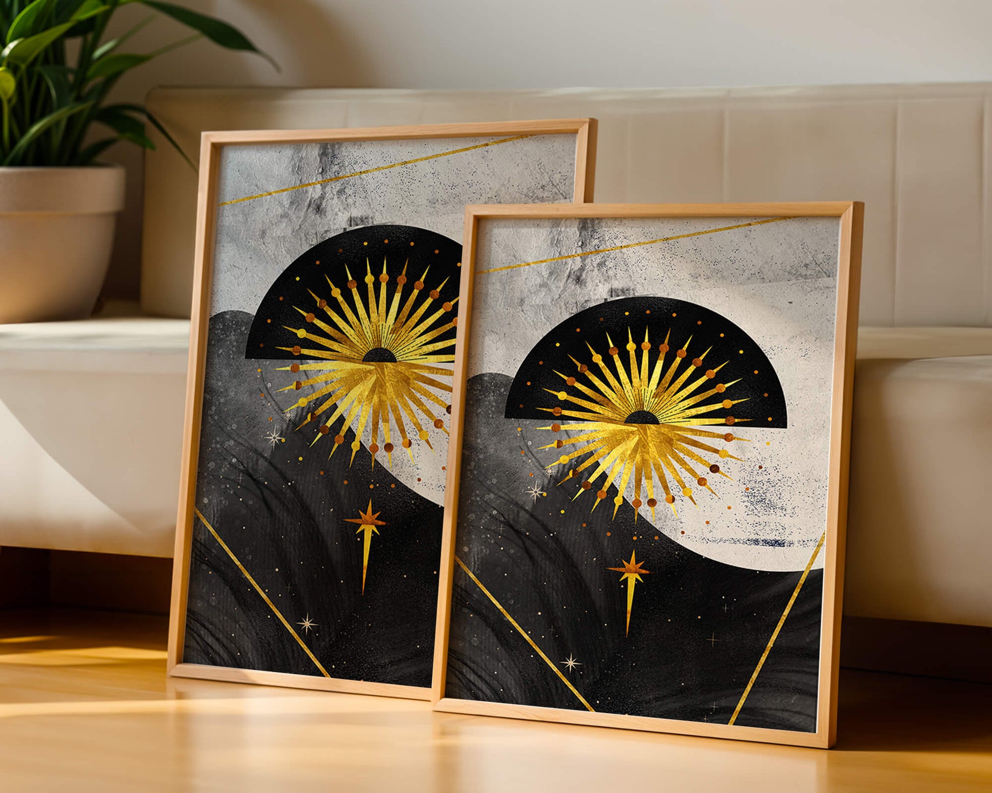 Abstract cosmic design featuring golden sunburst and celestial elements