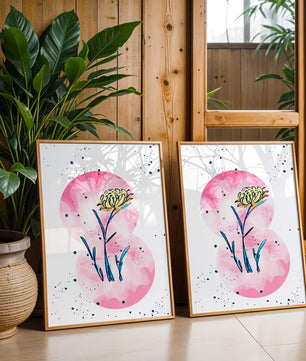 Abstract Floral Design with Pink Circles and Yellow Flower on White Background