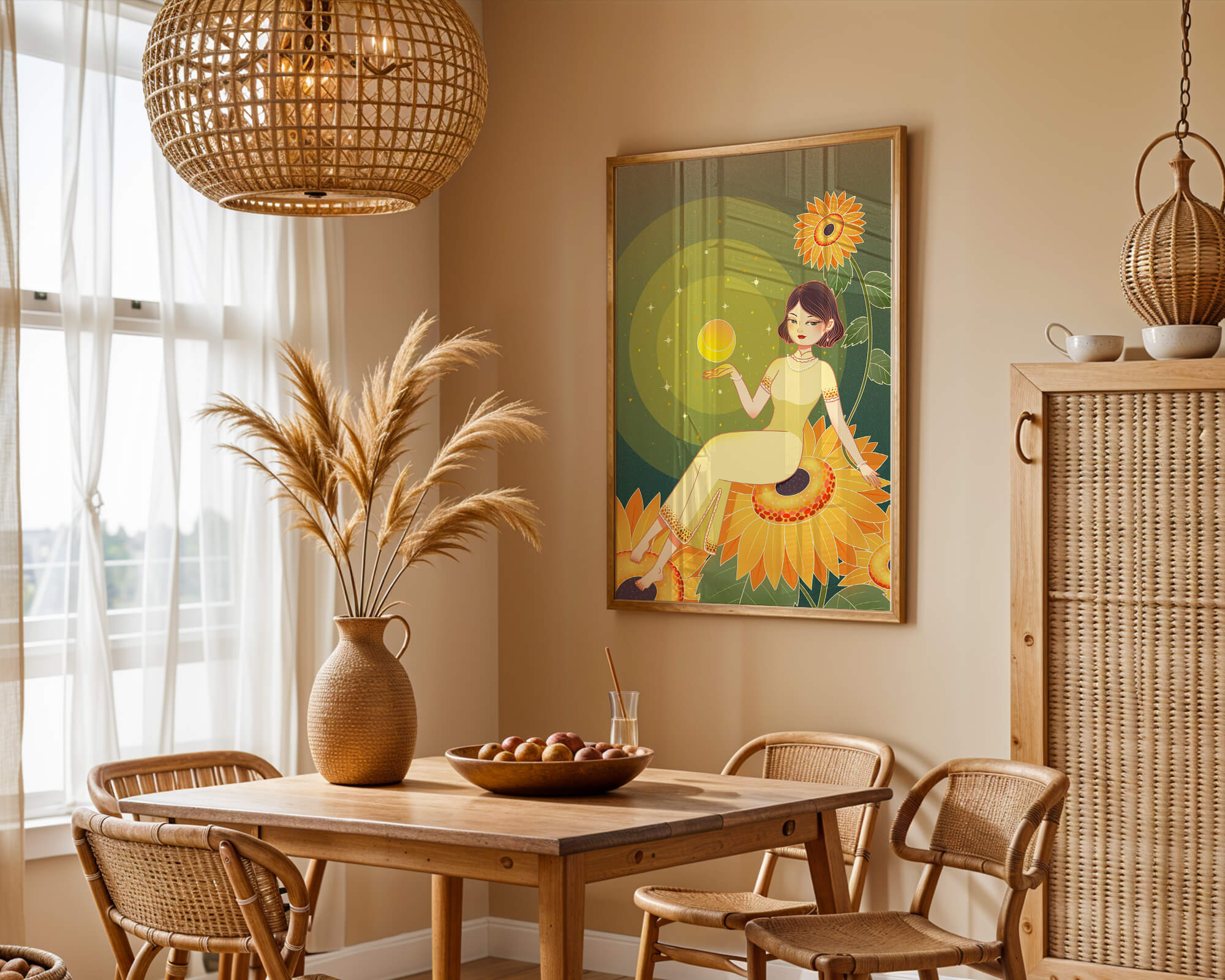 Elegant illustration of a woman on sunflowers with glowing orb