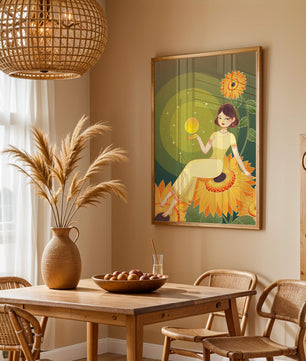 Elegant illustration of a woman on sunflowers with glowing orb