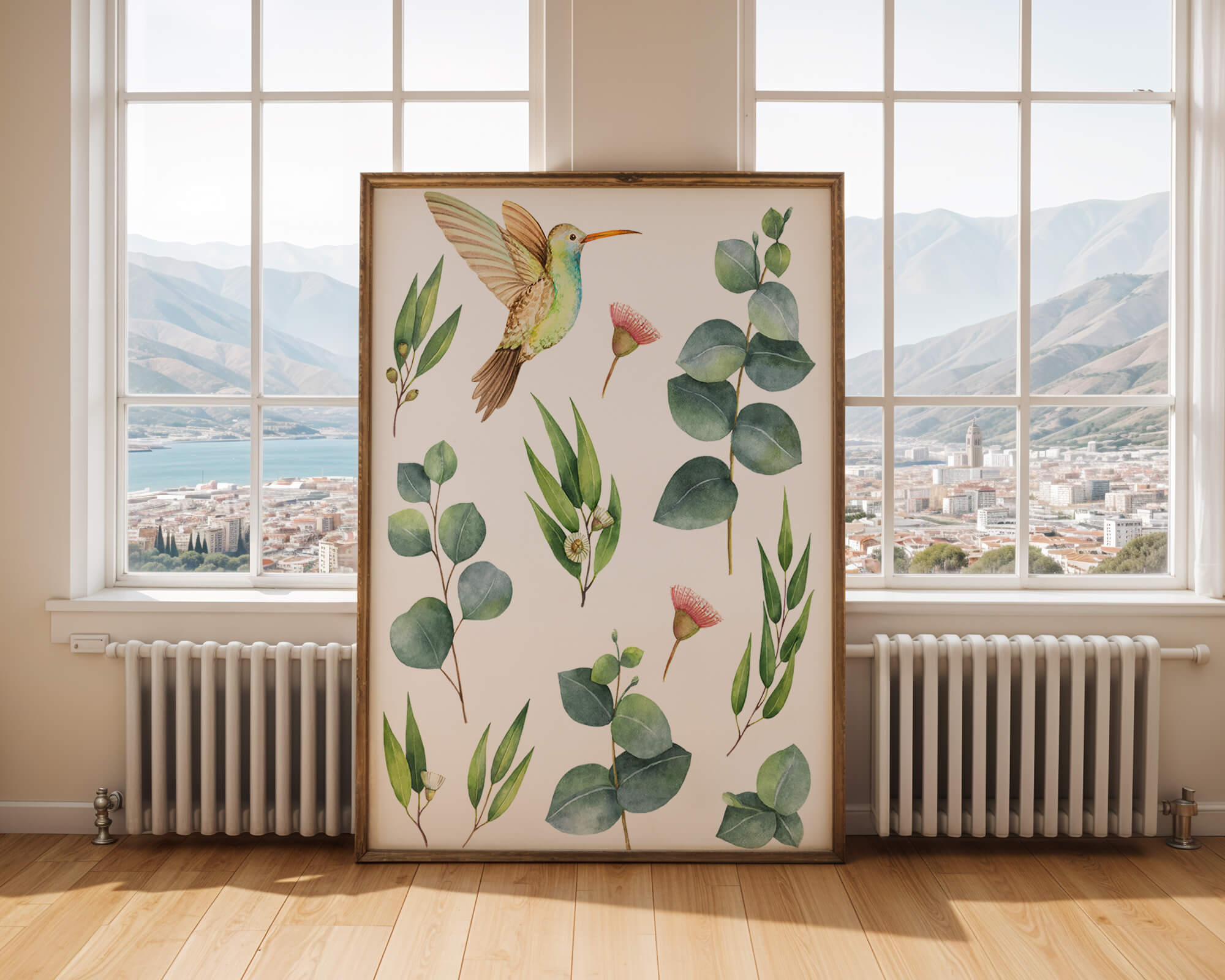 Watercolor hummingbird and eucalyptus leaves illustration