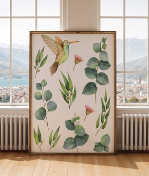 Illustration d'un colibri à l'aquarelle et de feuilles d'eucalyptus