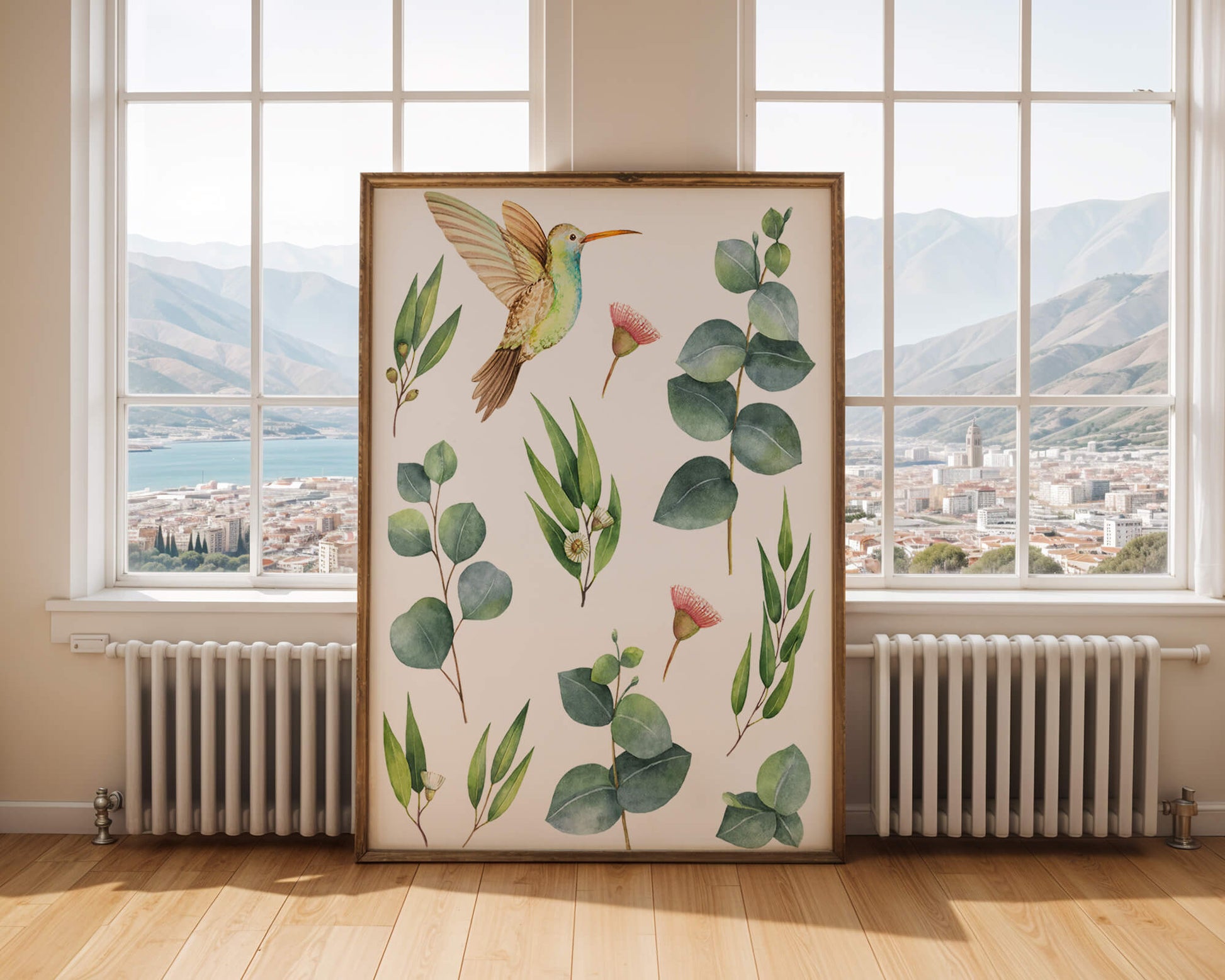Watercolor hummingbird and eucalyptus leaves illustration