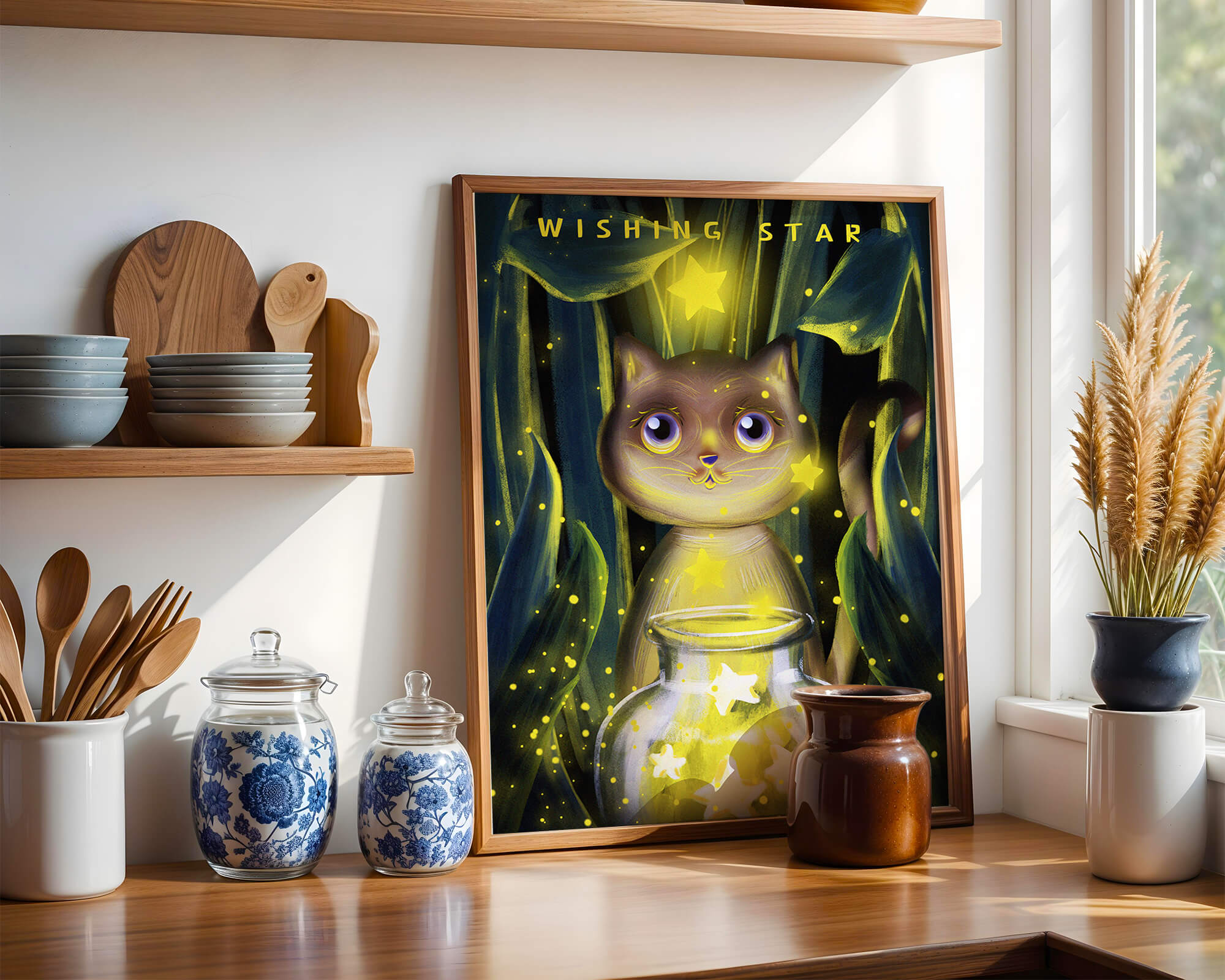 Cat under starry night in a magical forest setting