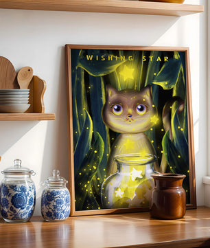 Cat under starry night in a magical forest setting