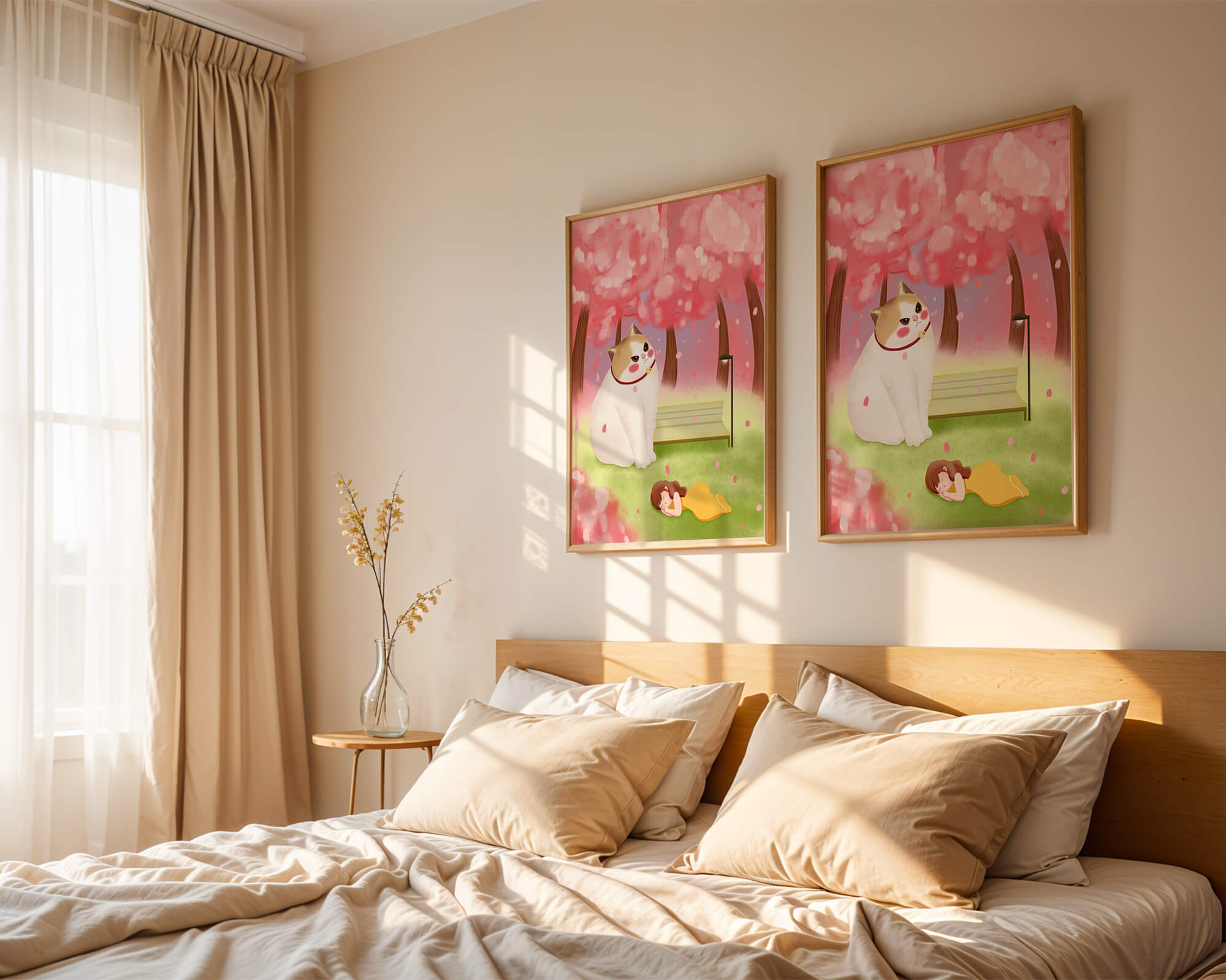 Whimsical scene with giant cat and girl under cherry blossoms