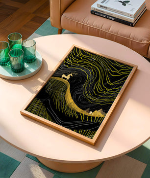 Ciervo dorado y paisaje montañoso abstracto con líneas onduladas