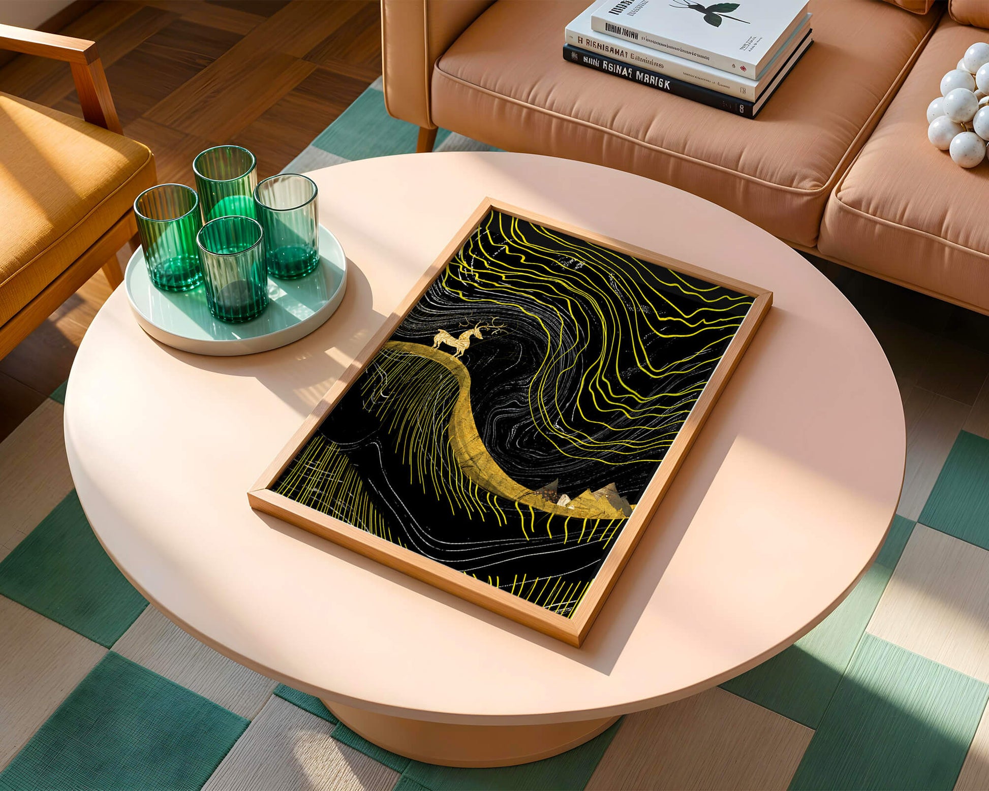 Ciervo dorado y paisaje montañoso abstracto con líneas onduladas