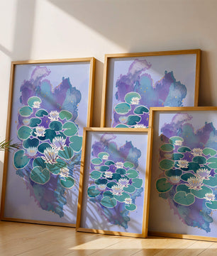 Serene aquatic scene with water lilies on abstract colorful background