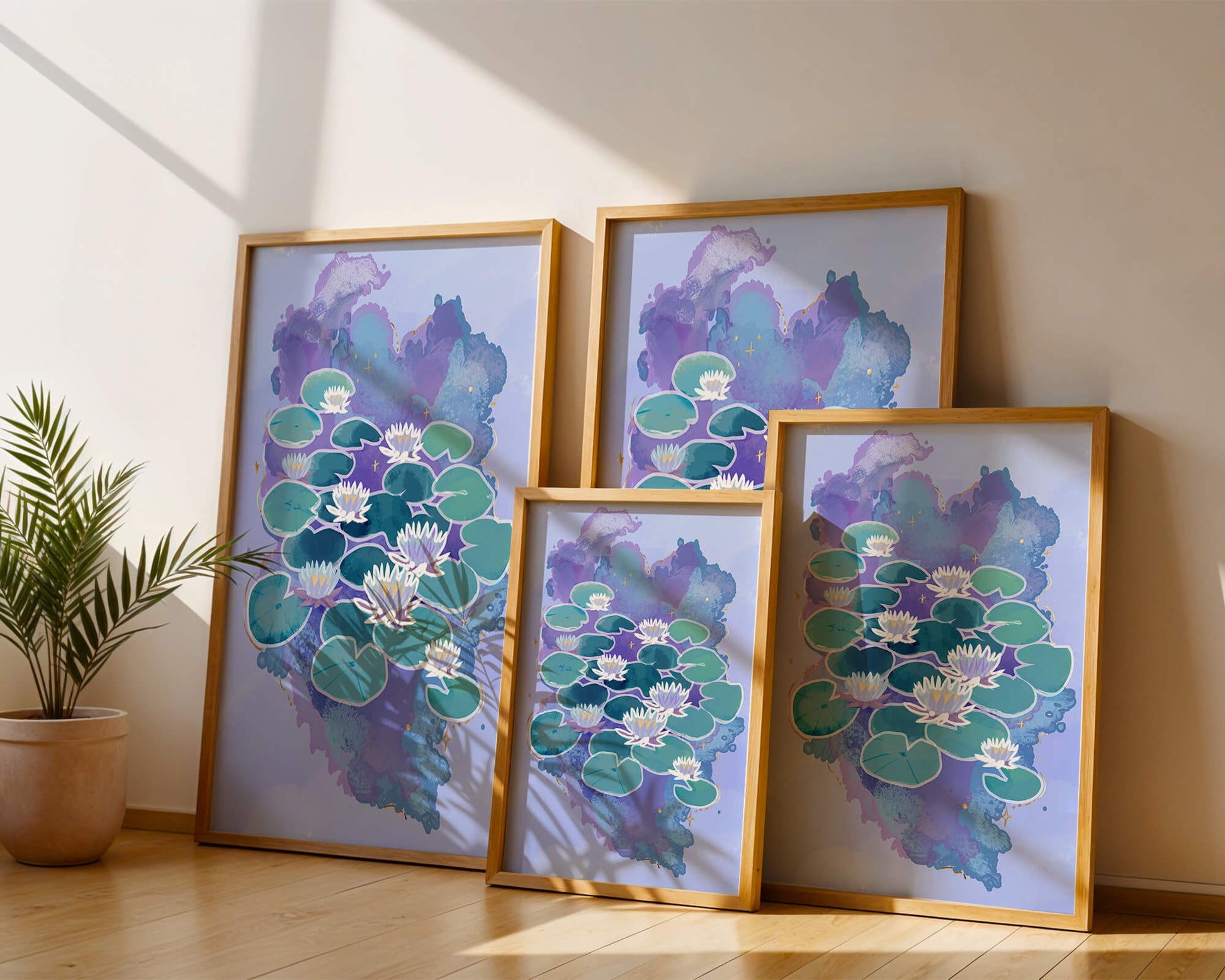 Serene aquatic scene with water lilies on abstract colorful background