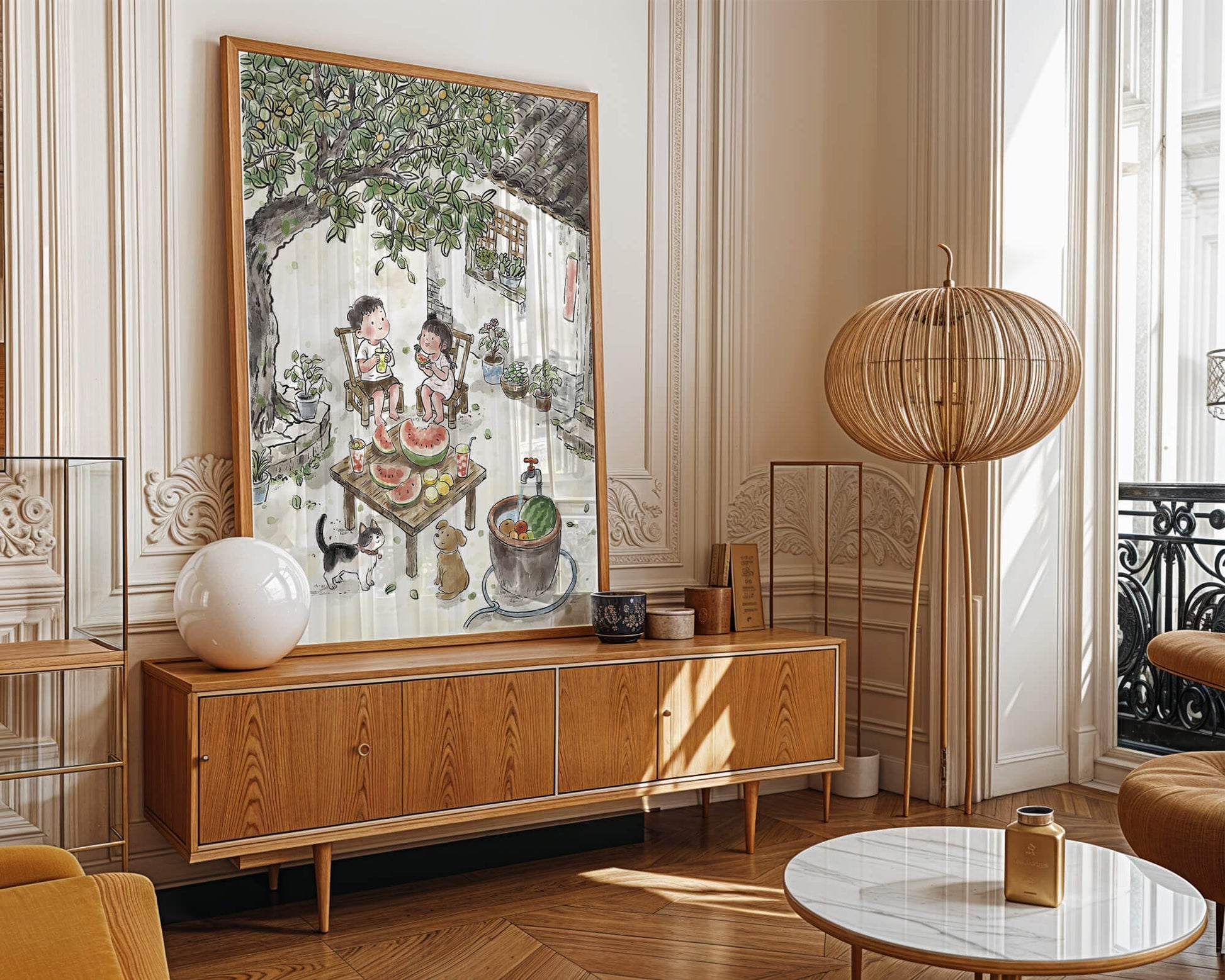 Encuentro acogedor en el patio trasero de verano con sandía y mascotas