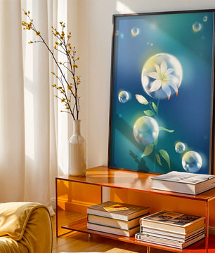 Zarte Blume in transparenten Blasen auf einem verträumten blauen Hintergrund