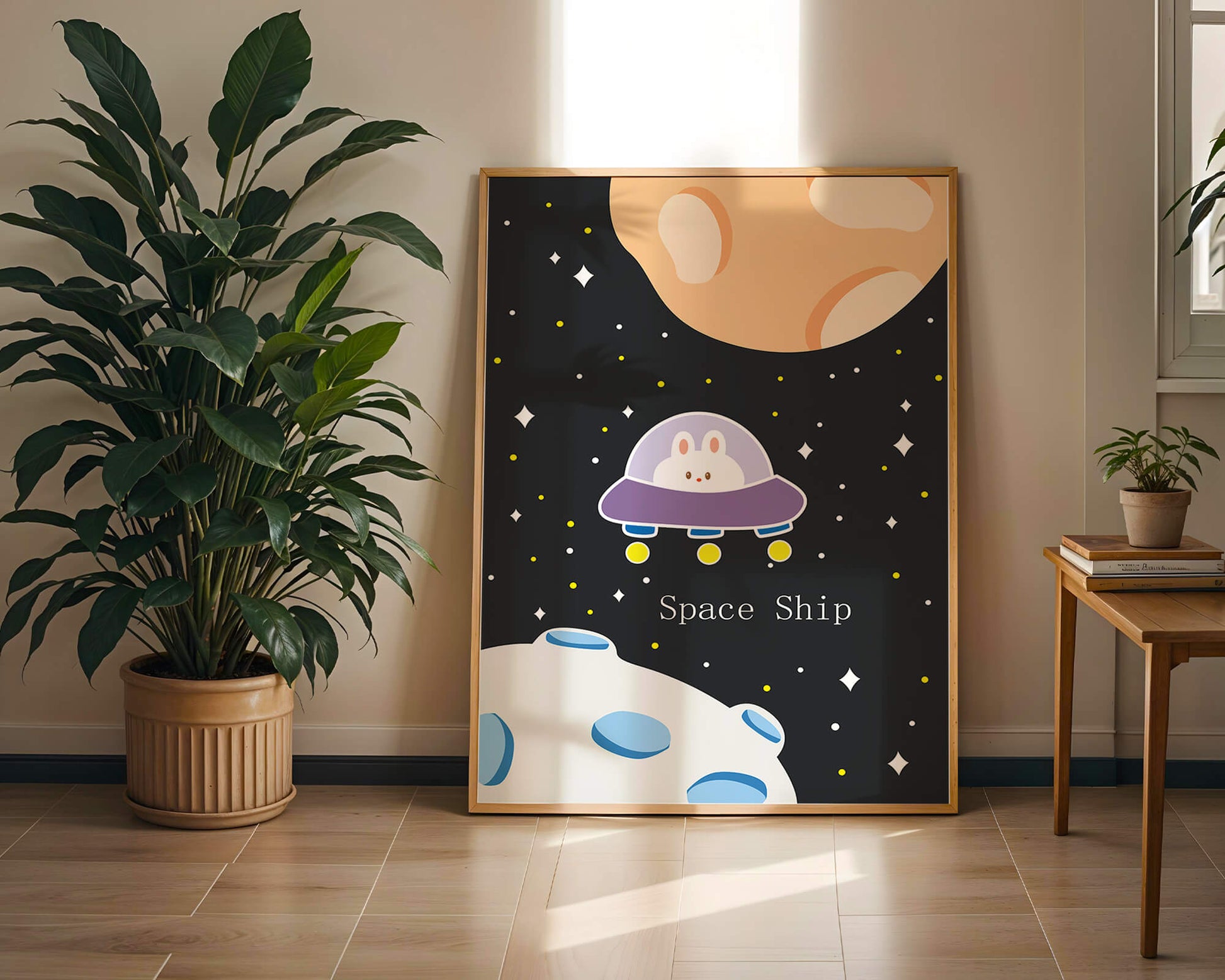 Cute bunny in spaceship with planets and stars in space illustration