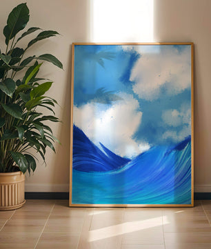 Olas oceánicas hermosas bajo un cielo nublado en una obra de arte