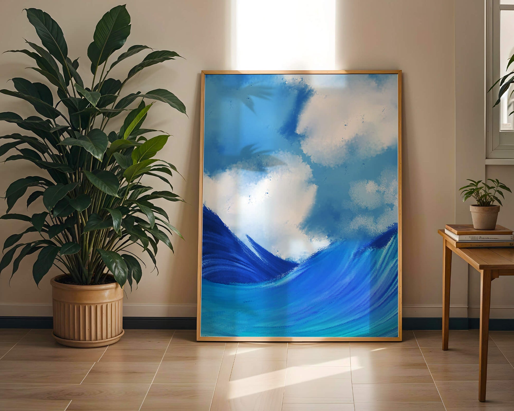 Beautiful ocean waves under a cloudy sky artwork