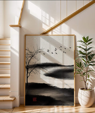 Minimalist Landscape with Silhouetted Tree and Birds