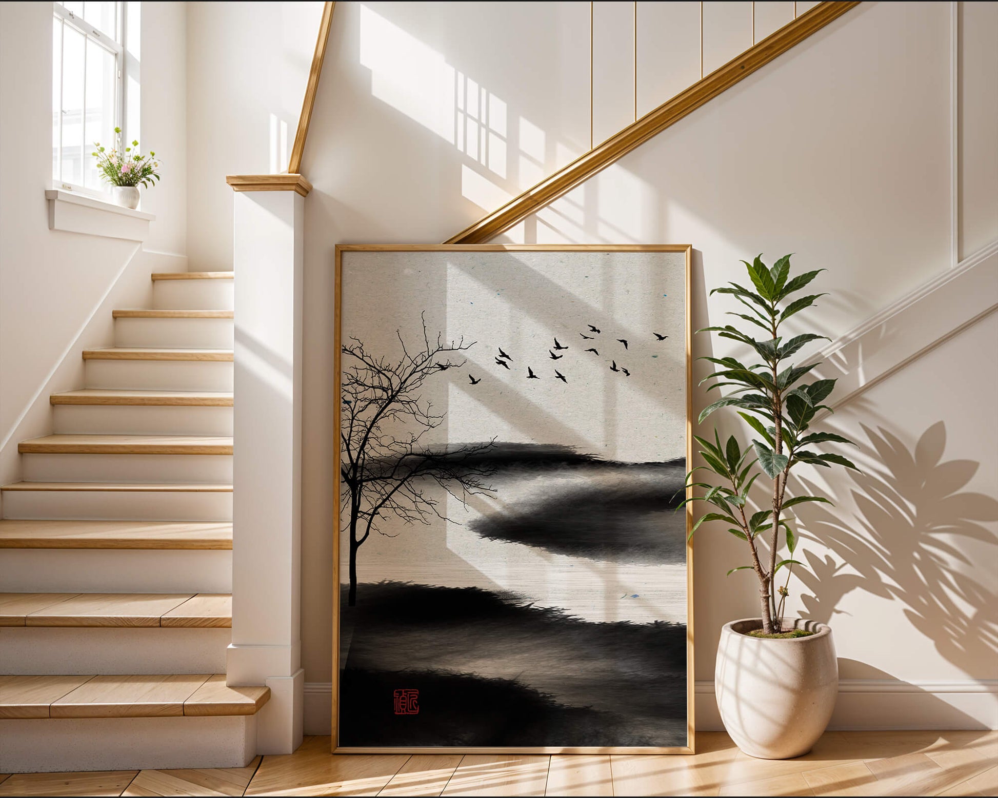 Paisaje minimalista con siluetas de árboles y pájaros