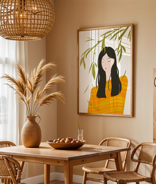 Illustration d'une femme en pull orange avec un fond de feuillage