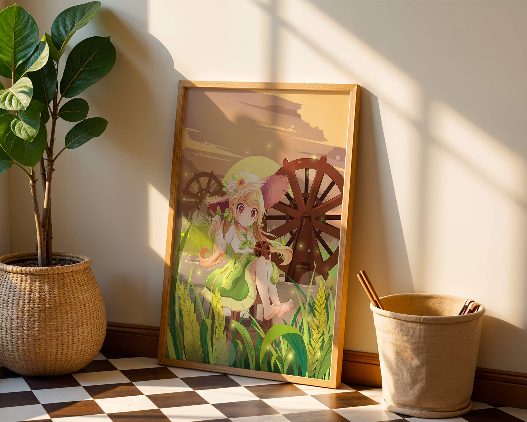 Enchanted countryside scene with a cute character and vibrant nature