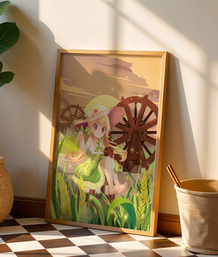 Enchanted countryside scene with a cute character and vibrant nature