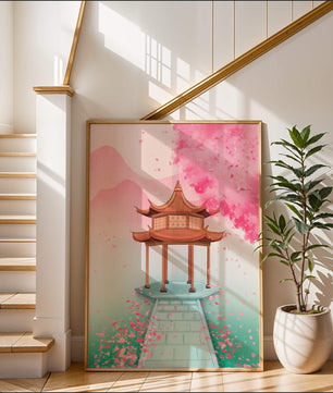Traditioneller asiatischer Pavillon, umgeben von Kirschblüten