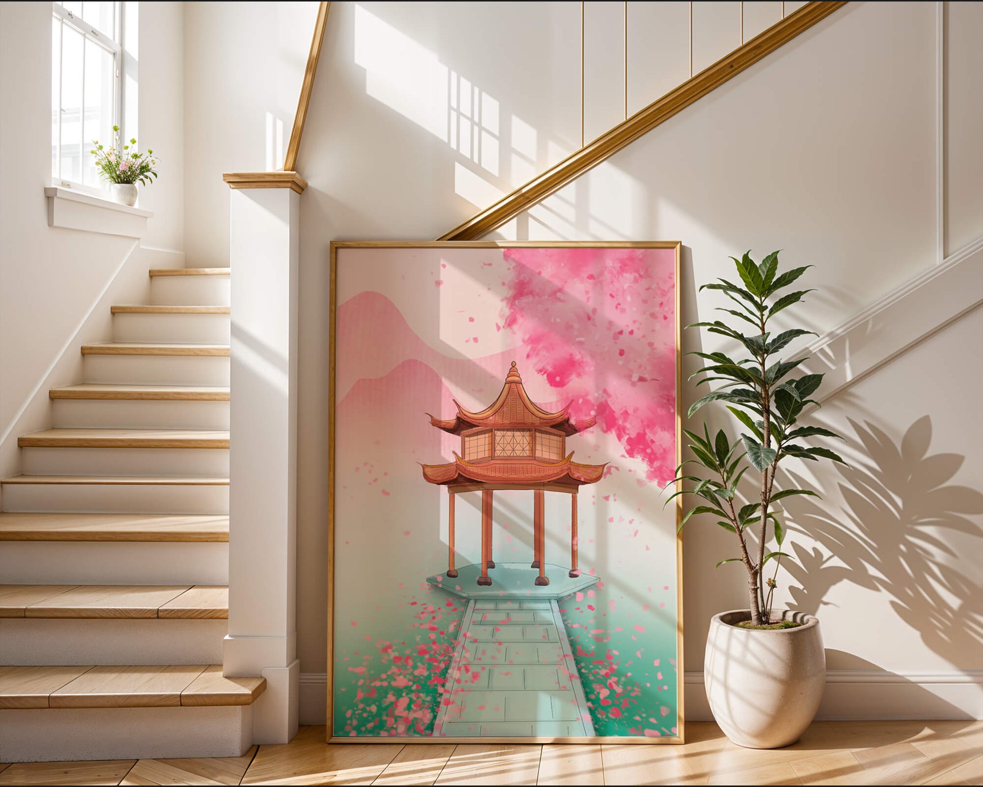 Traditional Asian gazebo surrounded by cherry blossoms