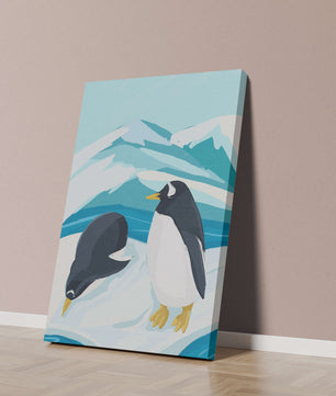 Gentoo penguins in an Antarctic landscape illustration
