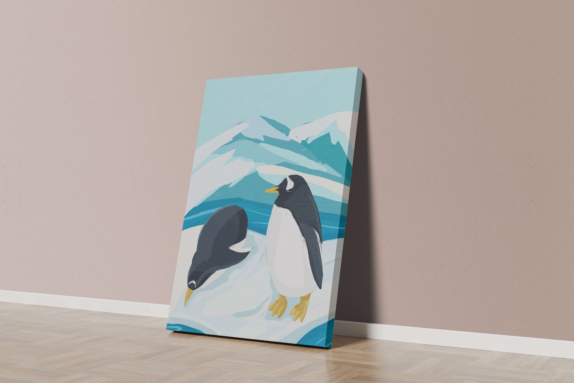Gentoo penguins in an Antarctic landscape illustration