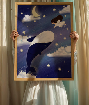 Whimsical night scene with flying angel and whale