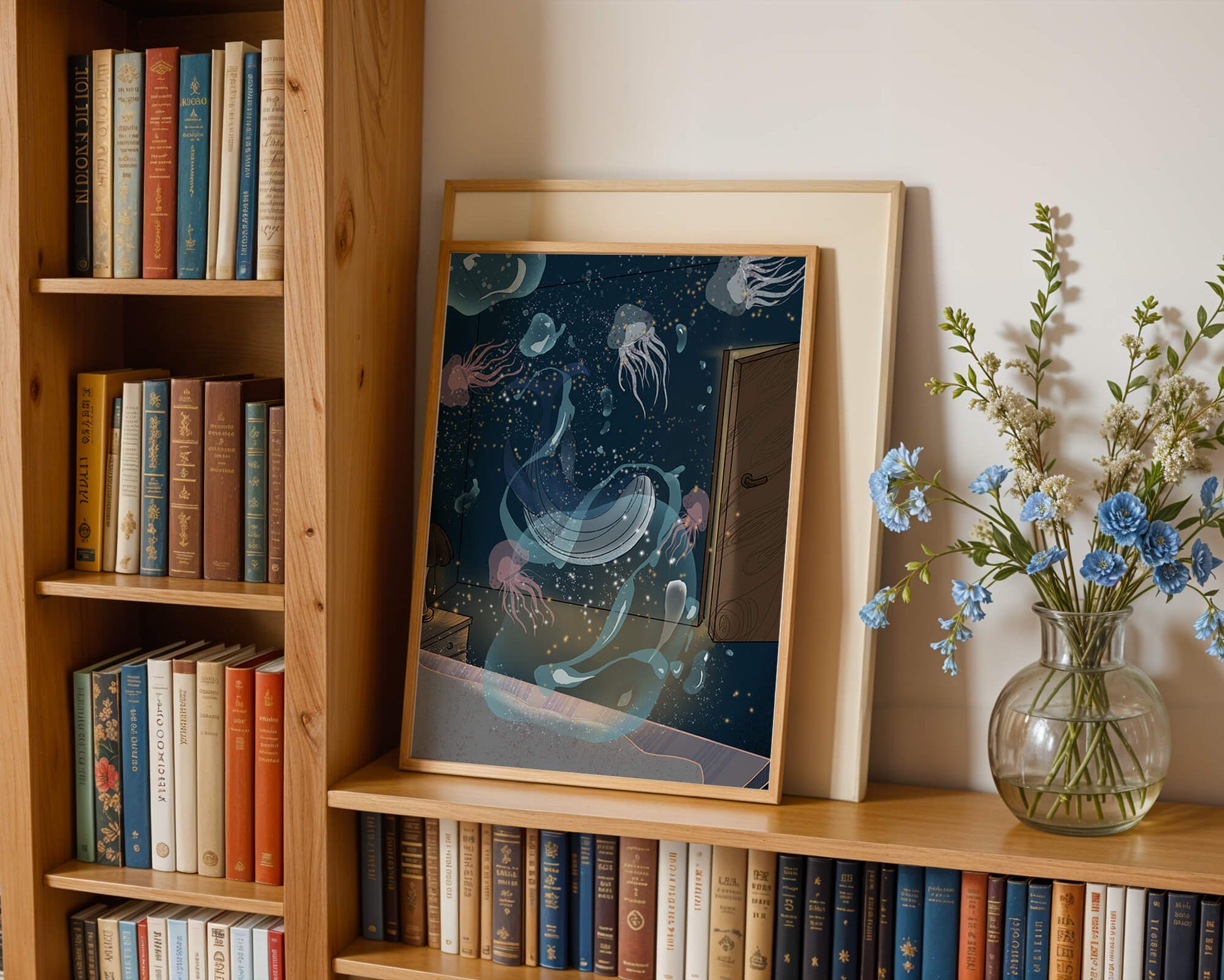 Underwater-themed room with jellyfish and a door