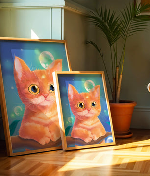 Adorable orange kitten illustration with bubbles and a colorful background