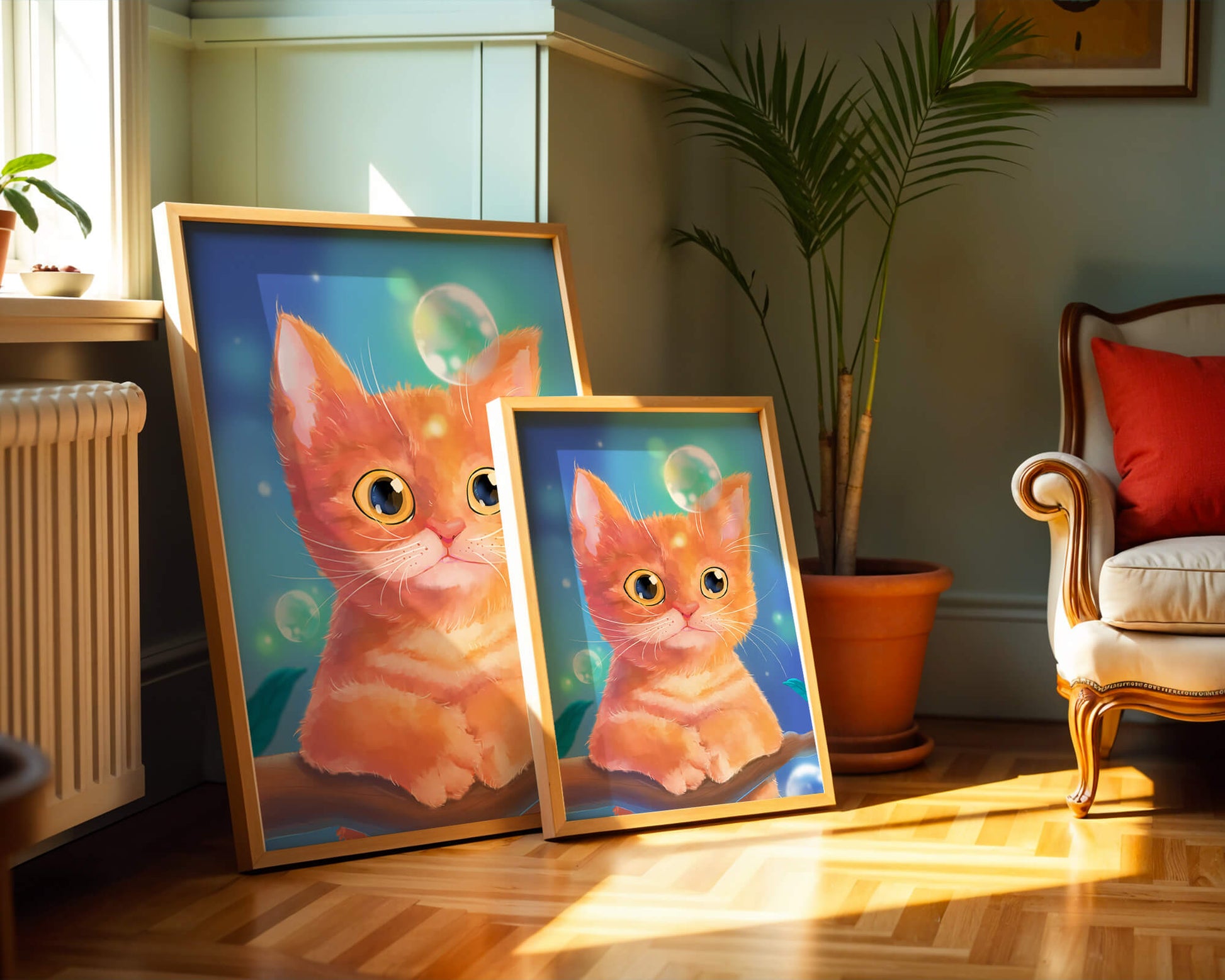 Adorable orange kitten illustration with bubbles and a colorful background