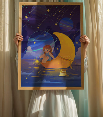 Whimsical child sitting on a crescent moon amidst a starlit cosmic scene
